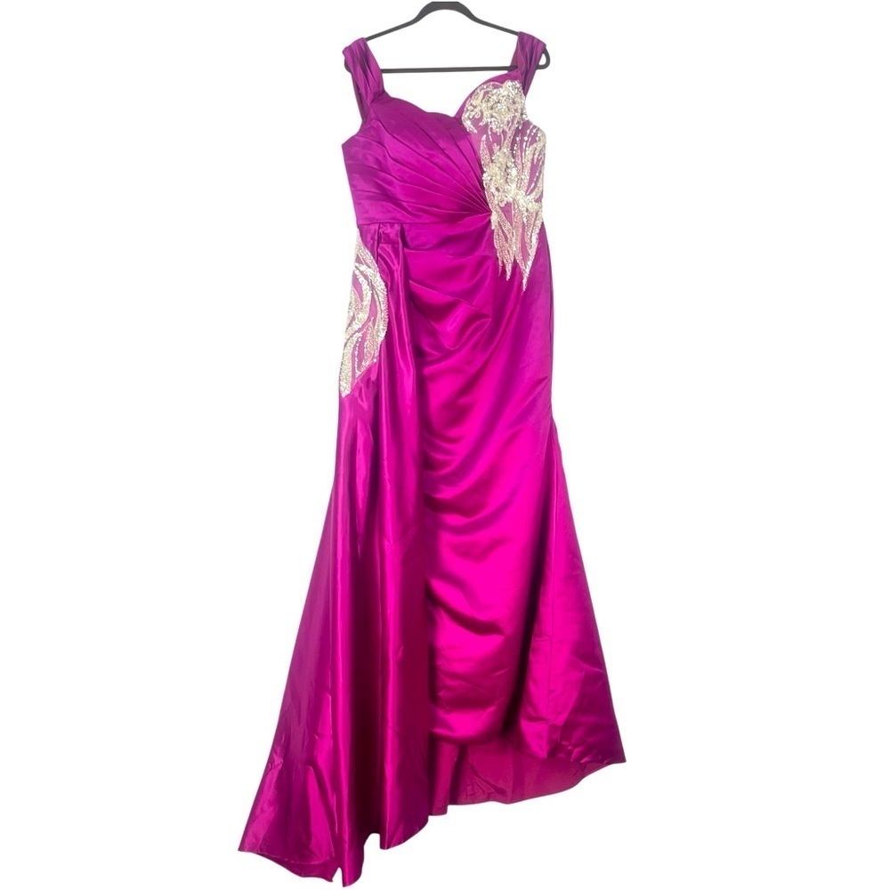 Purple Sleeveless Satin Gown Silver Sequin Appliqué Wide Side Swag Sz 12 NWT